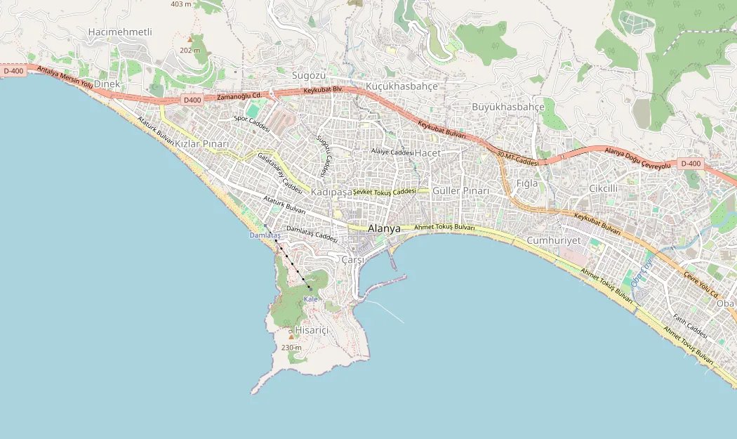 Kaart van Alanya-stad met het kasteel, de Rode Toren, de haven en de stranden